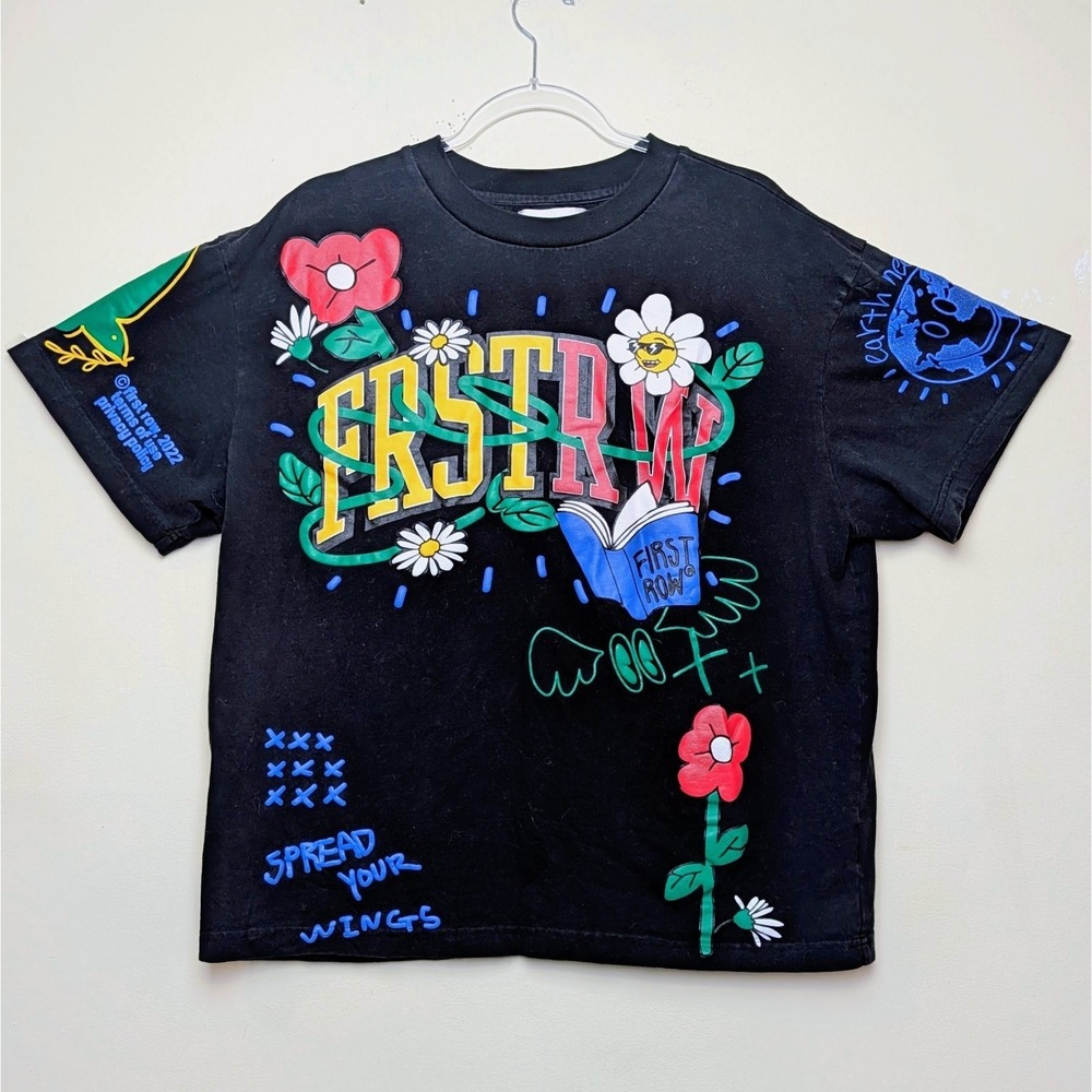 First Row Floral Puff Print 2022 Black AOP Flowers Shirt Size Large